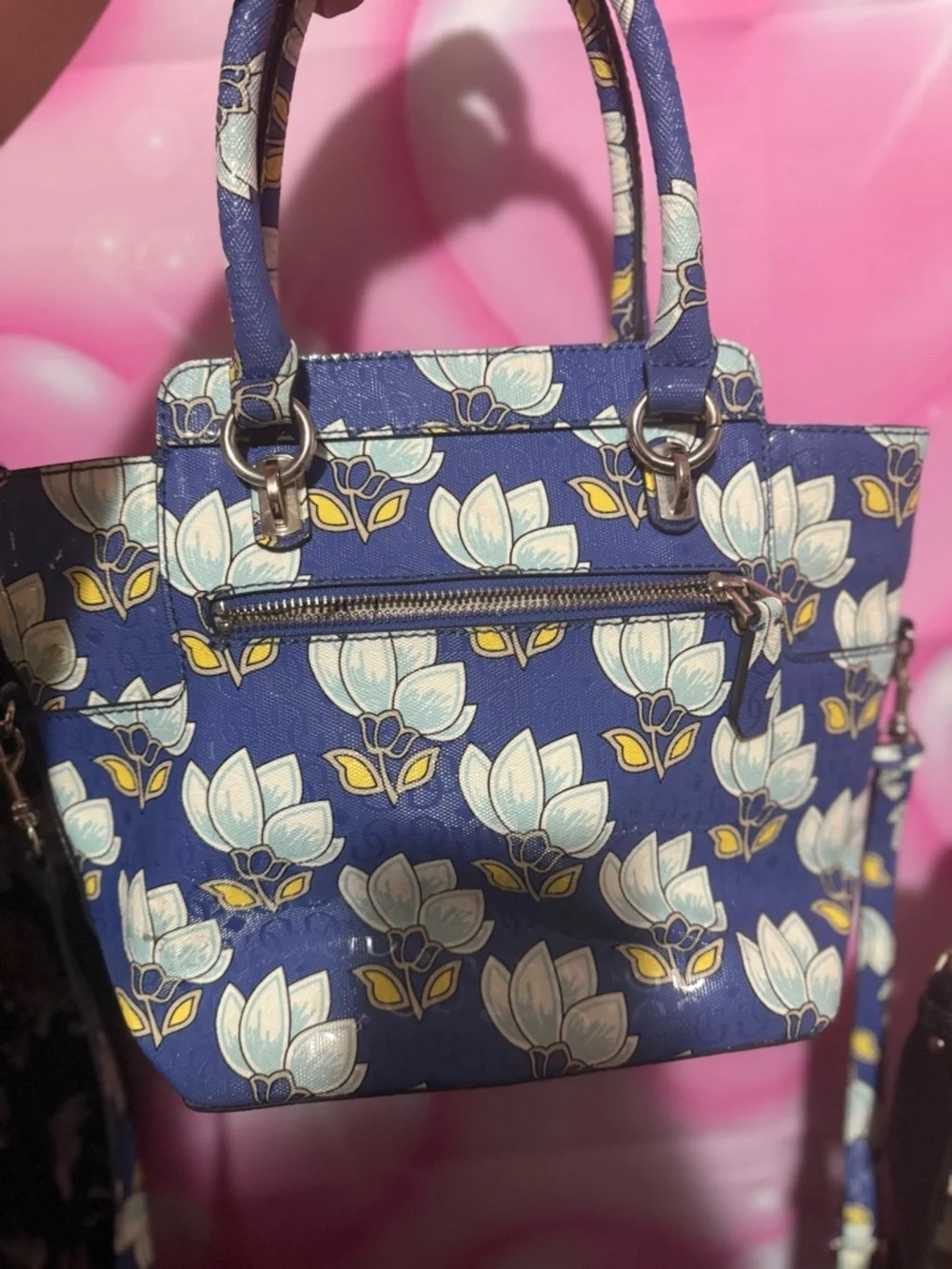 GUESS Blue Floral Print Tote with Gold Hardware - Picture 2 of 3